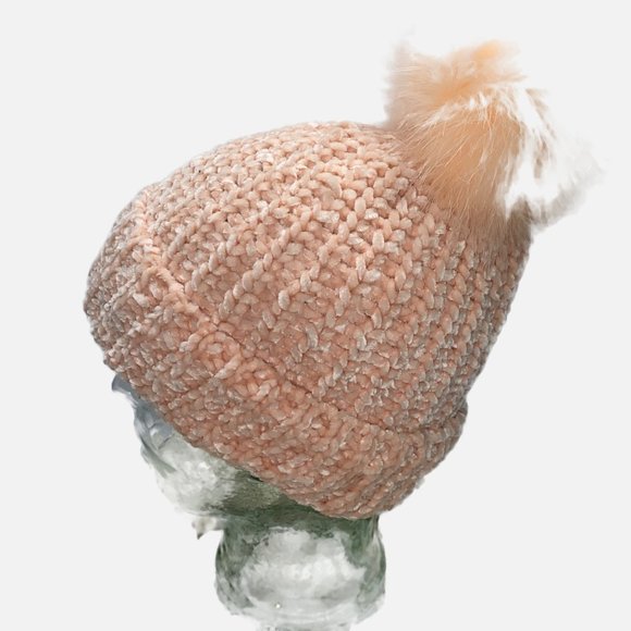 Peach Fuzz Knit Chenille Fold-over Beanie with Faux Fur Pom Pom - Picture 3 of 11